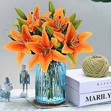Artificial Tiger Lily Latex Real Touch Flower Home Wedding Party Decor,Pack of 5 (Orange)