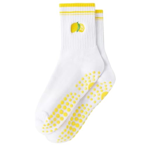 Sylnogixen Women's Pilates Grip Socks with Non-Slip Sole - Lemon Design -Crew Workout Socks for Yoga, Barre and Gym - Cotton Pilates for Women