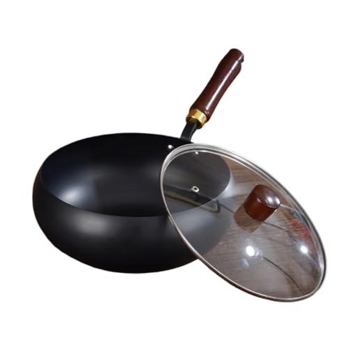 HLPLLXY 蓋付き鉄製フライパン、深型フライパン、電磁調理器/ガス調理器に適しています、コーティングされていない鉄、天然木製ハンドル、ノンスティックパン、軽量設計、お手入れが簡単、卵焼きやスープ煮込みに最適、お手入れが簡単(ガラス蓋付きの滑らかなポット