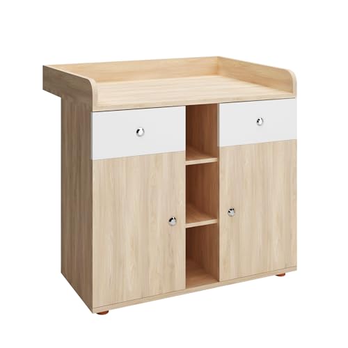 Infantastic® Cómoda Cambiador para Bebé - con 2 Cajones y Compartimentos Abierto y Cerrados, 90 x 69 x 92 cm, Roble/Haya - Cómoda Infantil, Organizador, Mueble para Habitación de los Niños (Roble)