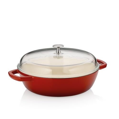 kela Schmorpfanne 28 cm hoher Rand CALIDO, Gusseisenpfanne Induktion mit Glasdeckel 3,8 l, Pfanne Gusseisen emailliert, rot