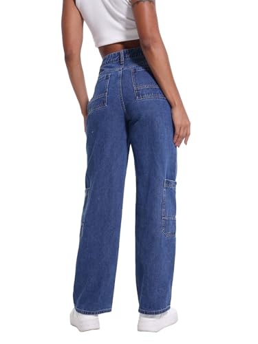 Women's Mid Rise Cargo Jeans Y2k Straight Leg Baggy Jeans Trendy Women's Wide Leg Denim Pants4