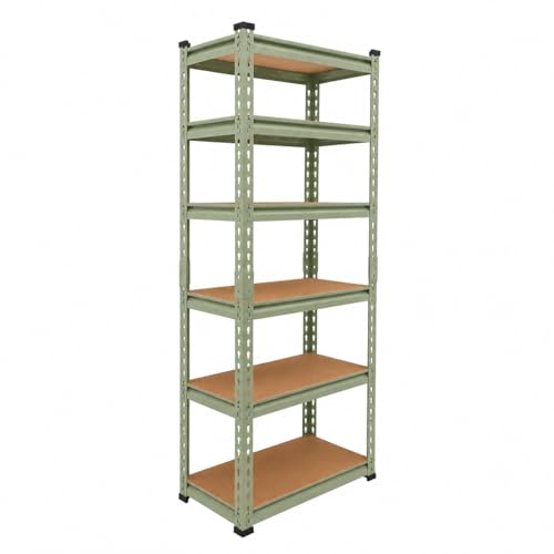Image of BonKaso Adjustable 6-Shelf Metal Storage Rack | Heavy-Duty Steel Boltless Rivet Utility Shelving Unit for Garage, Kitchen & Office | 62 Inches Height (62 x 24 x 12 in) - Olive Green