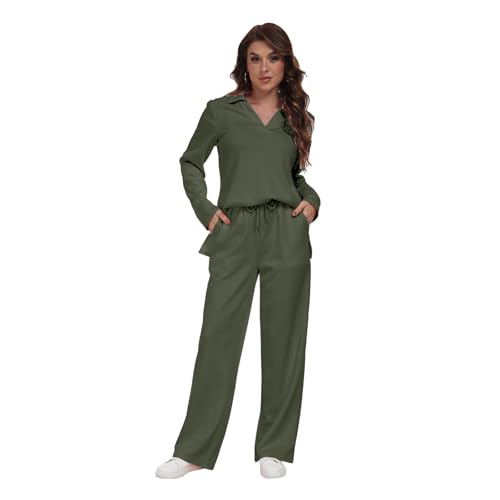 RONGTAI 2 Piece Outfits Sweatsuit for Women Casual Long Sleeve V Neck Pullover Tracksuit Solid Soft Comfy Tracksuits Set