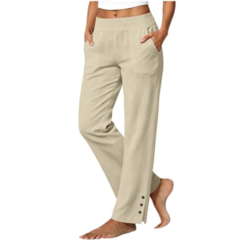 Pantalon coton et lin femme droit à ouvertures latérales et boutons