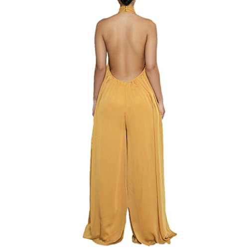Lisa Colly Women Sexy Casual Clubwear Wide Leg Jumpsuits Halter Sleeveless Party Chiffon Pants Long Rompers (Yellow, X-Large) #TOP1