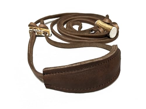 Lautlose Jagdleine aus Fettleder mit hochwertigen Horn Riemenführungen braun mit Kehlkopfschutz