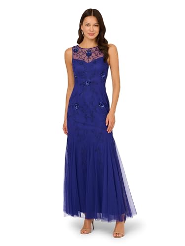 Image of Adrianna Papell Women's Bead Mesh Long Dress, Dark Blue Violet, 14