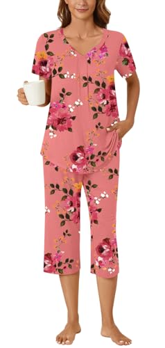 Image of Bestbee Women's Pajama Sets 2 Piece Lounge Outfits Summer Sleepwear V Neck Short Sleeve Capri Pant With Pockets Ladies Pjs