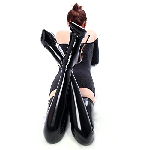 Image of Women's Thigh High Shiny Wet Look Stockings Faux Patent Leather Over Knee Long Socks Costume Set