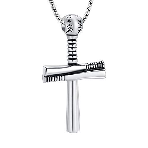 Imrsanl Cremation Jewelry for Ashes Stainless Steel Baseball Bat Cross Urn Necklace Keepsake Pendants for Ashes (Silver)