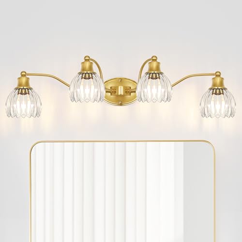 Image of Vintage 4 Light Vanity Light, Brushed Gold Bathroom Vanity Light, 33.3 Inch Bathroom Light Fixtures with Glass Shade, Antique Vanity Light Fixtures Over Mirror, Wall Sconce for Bedroom, Living Room