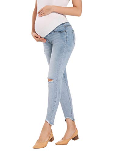 Foucome Women's Maternity Low-Rise Skinny Ankle Jeans Ripped Denim Pants (Blue, M) #TOP3