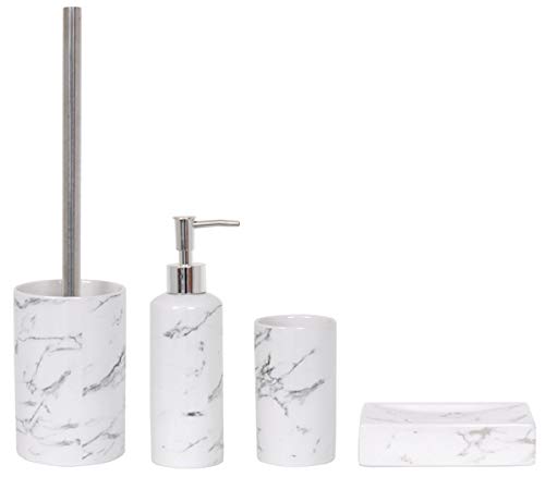 MSV Ensemble de 4 accessoires de salle de bain en céramique Toscana Distributeur de savon, brosse de toilette, porte-savon et gobelet à dents Blanc marbre