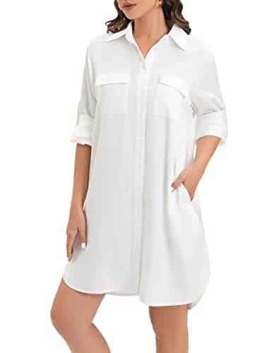Manaixuan Women's Casual Long Sleeve Satin Short Dress Button Down Shirt Dresses With Pockets #TOP2