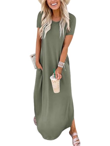 ANRABESS Womens Summer Casual Short Sleeve T Shirt Maxi Dress with Pockets,Olive,S
