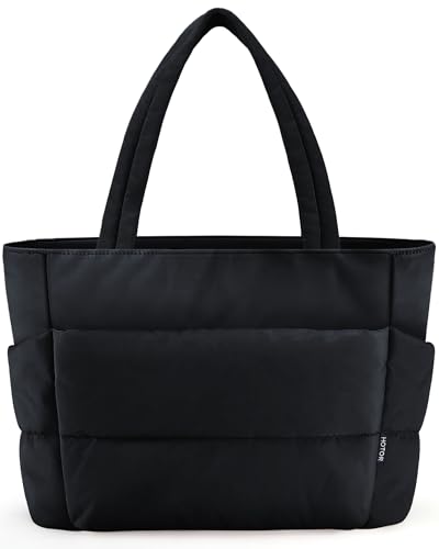 HOTOR Puffer Tote Bag for Women, Nurses - Multi-Pocket Lightweight Bag for Work - Quilted Handbag for Travel and Gym, Black, 18.1' x 6.3' x 11.8'