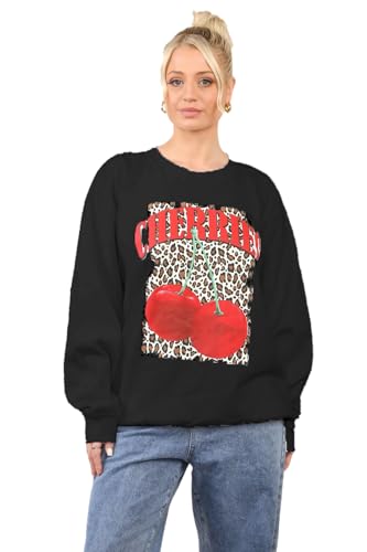 Image of STAR FASHION Women's Long Sleeve Cherries Print Baggy Sweatshirt Round Neck Pullover Jumper Bow Leopard Cherry Slogan Printed Design Casual Top-Black-12-14