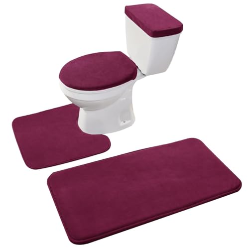 Madeals Memory Foam Bathroom Toilet Rug Set 4 Piece with Toilet Lid Cover and Tank Covers Burgundy by Madeals - Used condition - US$20.41