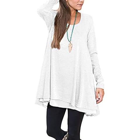 Poetsky Long Sleeve Tunic Tops for Women Casual Crew Neck Chiffon Hem Shirts Blouses(XL,White) Cover
