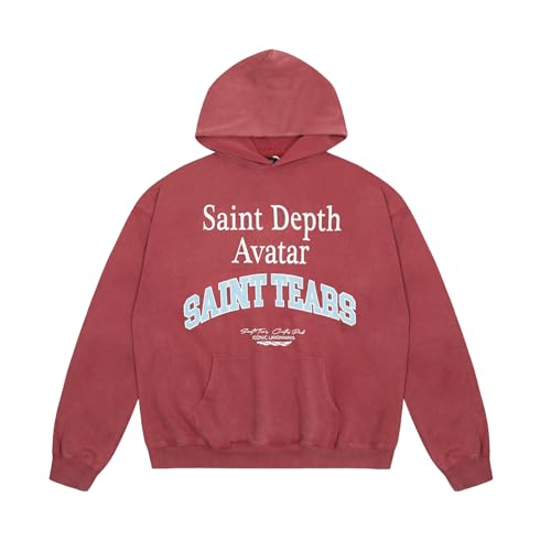 Saint Tears Mens Hoodies Oversized Acid Wash Plush Cotton Hoodie Vintage Sweatshirts Pullover Letter Print Hooded