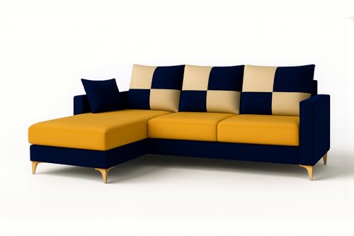 Image of CASASTYLE Brogan 4 Seater Fabric LHS L Shape Sofa Set (Yellow-Dark Blue) in Premium Velvet Finish | Durable Comfort | Ideal for Living Room