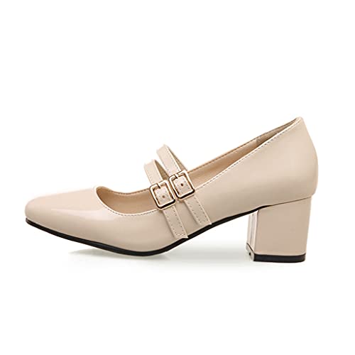 MIOKE Women's Mary Jane Pump Oxford Square Toe Patent Leather Buckle Strap Chunky Mid Heel Retro Dress Shoes3