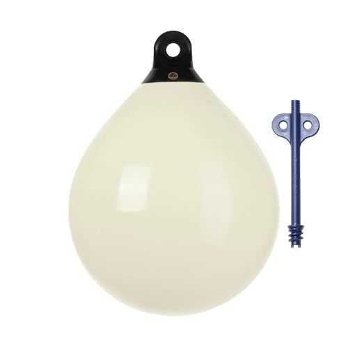 Dan-Fender Heavy Duty Round Balloon Fender & Marker Buoy B60-A4 - Multi Purpose Ball Bumper for Boats (35-45 ft Long) - Solid Rope Holds Brass Valve, Boat Accessories for All Weather (Eggshell)