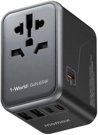 MOMAX Universal Travel Adapter, 65W GaN Travel Plug Adapter with UK,EU,AU,US Plugs, 3USB-C PD & 2USB-A QC Worldwide International Adapter Charger, International Converter for Laptops Tablets Phones