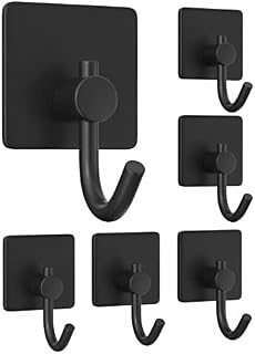 Self Adhesive Hooks for Hanging - Heavy Duty Stick On Wall and Door Hooks,Bathroom Tower Hooks and Kitchen Hallway Sticky Black Hooks,Coat Hooks Robe Hook Wall Mounted, Rustproof, 6 Pack