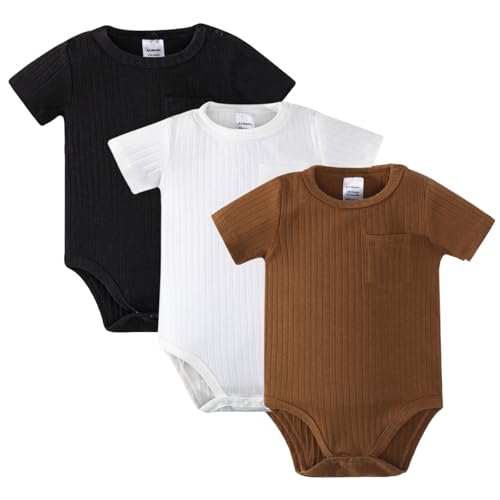 Image of ROMPERINBOX Newborn Onsies Boy 3 Pack Rib Knit Baby Bodysuit Solid Color Striped Short Sleeve Summer Baby Clothes
