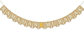 SWYOUN Burlap Ramadan Mubarak Banner Supplies With Glitter Moon and Star Signs Mantel Fireplace Decoration