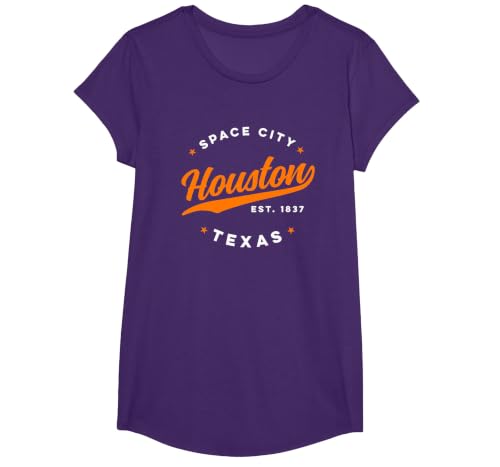 Vintage Houston Texas Space City Orange Text T-Shirt, Girls, Purple, Large
