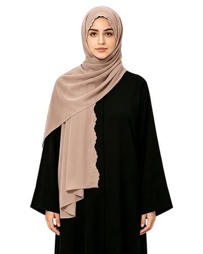 Image of V FOR CITY Muslim Chiffon Hijab Scarf for Women Scalloped Edge Embroidered Headscarf Khaki