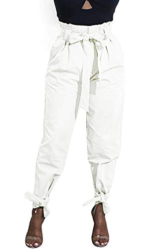 TwiinSisters Women's Casual High Waist Bow Tie Front Slim Fit Paper Bag Pants with Spandex