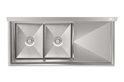 Image of KoolMore 63 in. 18-Gauge 2-Compartment Commercial Sink with Backsplash and 24 in. Right Drainboard, Bowl dimensions 18 inchx24 inchx14 inch in Stainless-Steel (KM-SB182414-24R3)