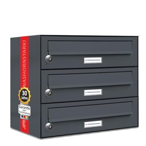 AL Briefkastensysteme 3er Briefkasten in Anthrazitgrau RAL 7016, Premium Briefkasten DIN A4, 3-Fach Postkasten modern Aufputz