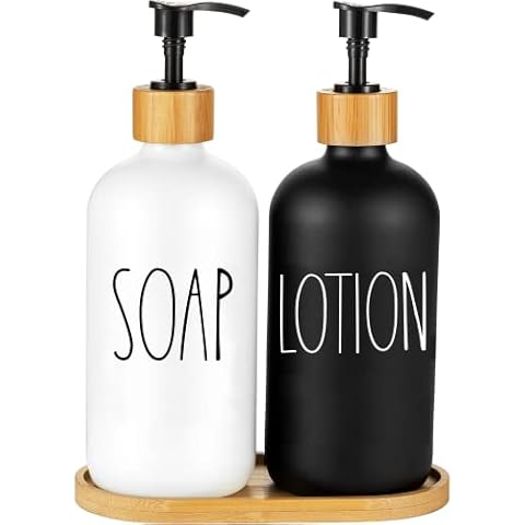 Hand Soap Dispenser Bathroom Set by Bright Barns- Soap and Lotion Dispenser Set with Tray - Glass Bathroom Soap Dispenser Set & Pump - Farmhouse Bathroom Decor, Boho Bathroom Accessories (Black/White) Cover