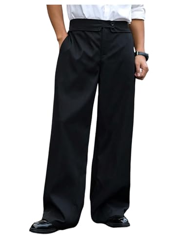 Verdusa Men's Wide Leg Work Dress Pants Button Long Trousers with Pockets