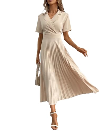 casual dresses for women Short Sleeve Solid Pleated Hem Dress Workwear - Main Image