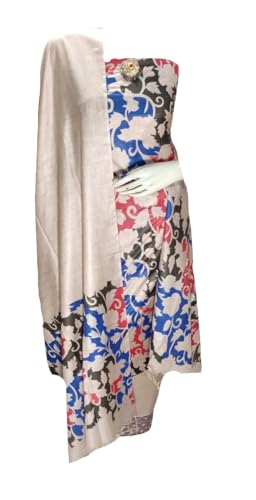 Image of Katan Slub Silk Unstitched Salwar Suit Dress Material for Women & Girls with Dupatta | Madhubani Screen Print | Top-2.5M, Bottom-2.5M, Dupatta-2.4M | Ethnic Wear | Code 243