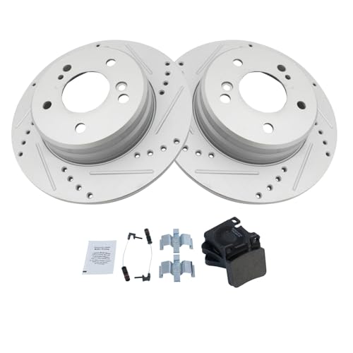 Image of TRQ Performance Rear Brake Pad and Rotor Set Ceramic Coated Drilled Slotted Compatible with 1999 Mercedes-Benz E300
