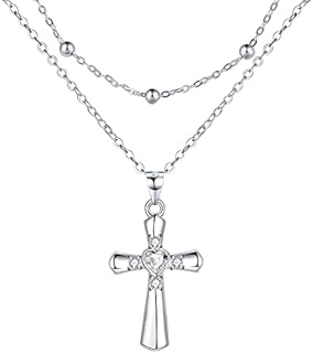 Lydreewam Cross Necklace for Women 925 Sterling Silver Crucifix Double Layered Chain Necklace with 3A Cubic Zirconia & Gift Box, Necklace for Christmas Christian Communion, Adjustable 40+5cm