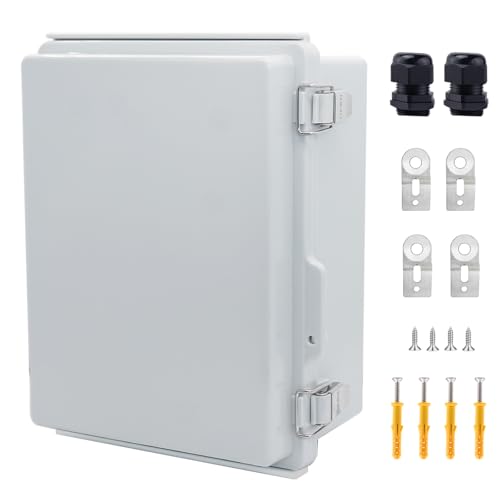 IP67 Waterproof Junction Box, ABS Plastic Electrical Enclosure with Stainless Steel Latch, Hinged Cover Electric Box with Mounting Plate, Wall Brackets &amp; Cable Glands 220x170x110mm