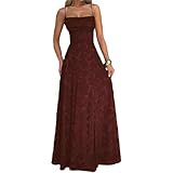 Robe longue à bretelles spaghetti pour femme, robe longue en dentelle florale, col carré, dos nu, élégante robe formelle pour bal de fin d'année, fête., marron, S