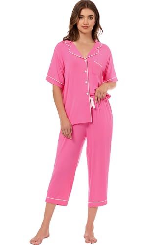 Image of LUBOT Womens Bamboo Viscose Pajamas for Women PJ Set 2 Piece Cooling Soft Short Sleeve Capri Pants Summer Sleepwear Set S-XXL
