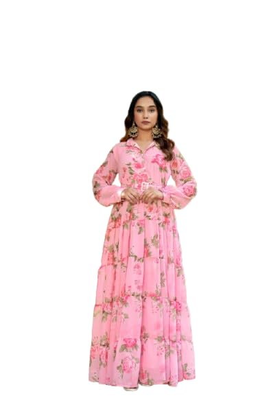 sarinku Women Floral Printed Georgette Maxi Gown with Belt, Full Sleeves, Tiered Long Gown for Casual-picture-49