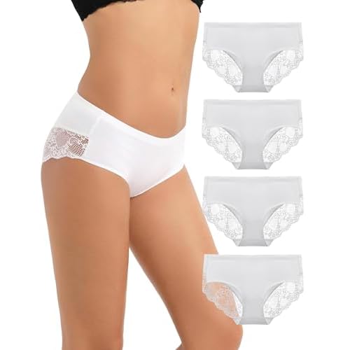 Women's 4 Pack Cotton Briefs Mid Rise Panty Pretty Lace Back Full Coverage Underwear
