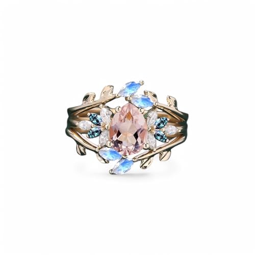 Pear Morganite Engagement Ring Set Solid Yellow Gold Flower Ring Leaf Moonstone Enhancer Band, Alexandrite Twig Branch Ring Diamond Cluster Wedding Jewelry Gift