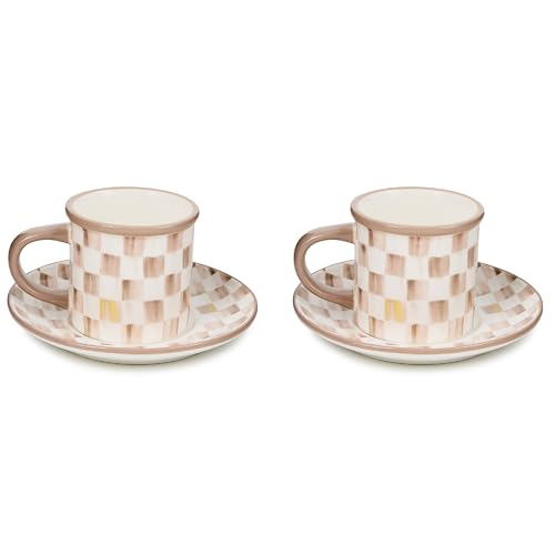 MACKENZIE-CHILDS Espresso Cup and Saucer Set, Brown-and-White Mocha Check | Hand-applied design, made from stoneware, includes saucer (5" dia) and cup (2.75" dia. x 3.75" W x 2.5" H, 4-ounce capacity)